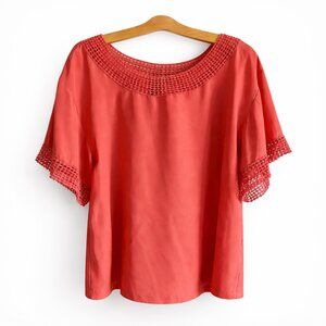 Willi Smith Boho Cottagecore Coral Top with Crochet Details